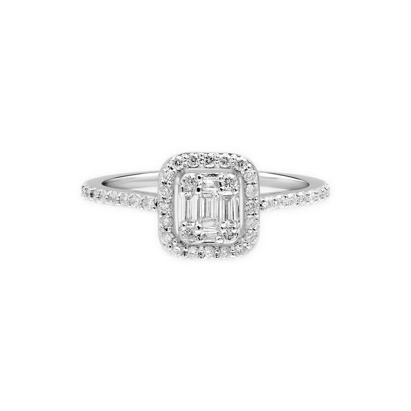 Women’s alternative engagement rings-Diamond Baguette Halo Eternity Ring