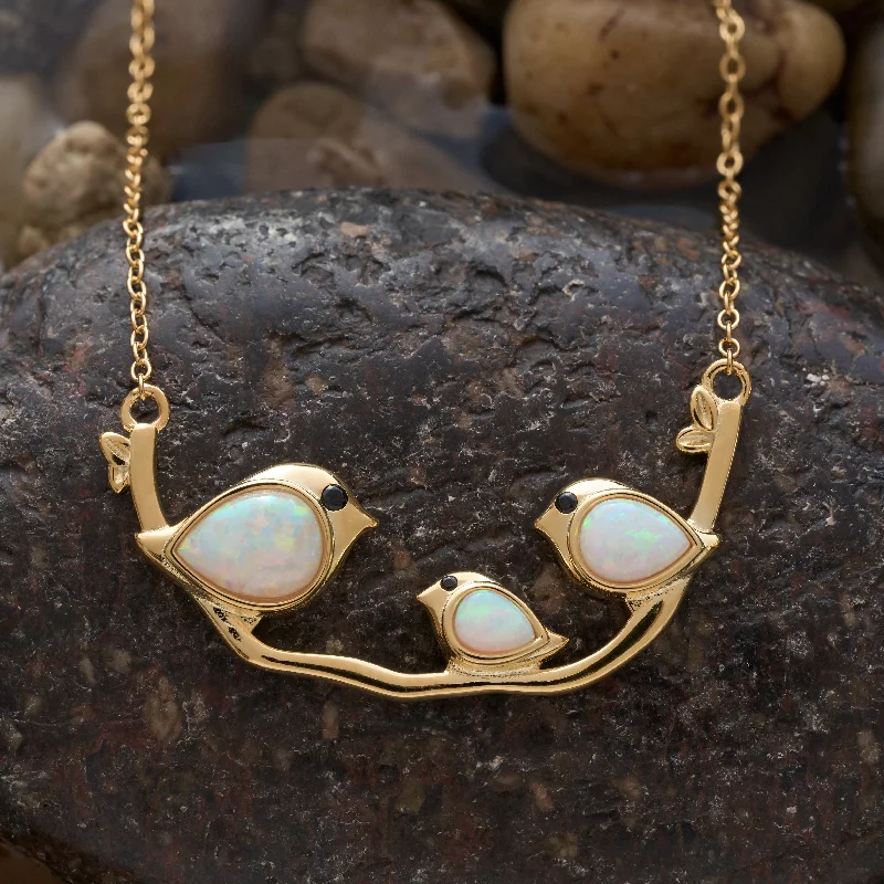 Women’s ruby necklaces-Gold Sterling Silver Triple White Opal Birdie Branch Necklace