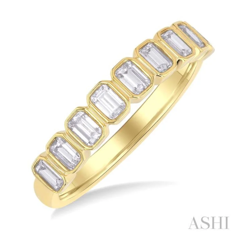 Women’s engagement rings with mixed metals-3/4 ctw North-South Bezel Set Emerald Cut Diamond Fashion Band in 14K Yellow Gold