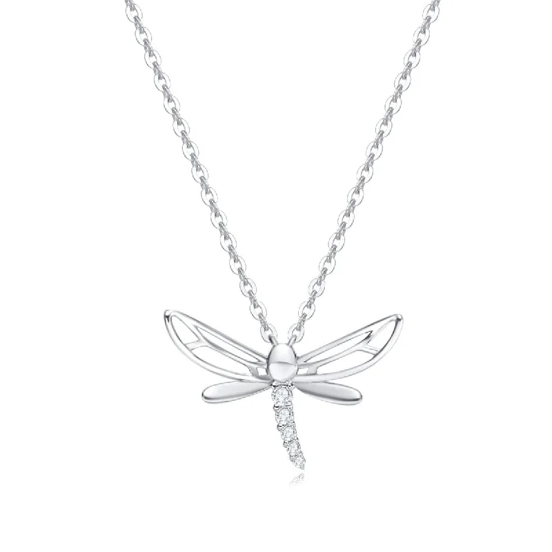 Women’s emerald pendant necklaces-FANCIME CZ Dragonfly 14k Solid White Gold Necklace