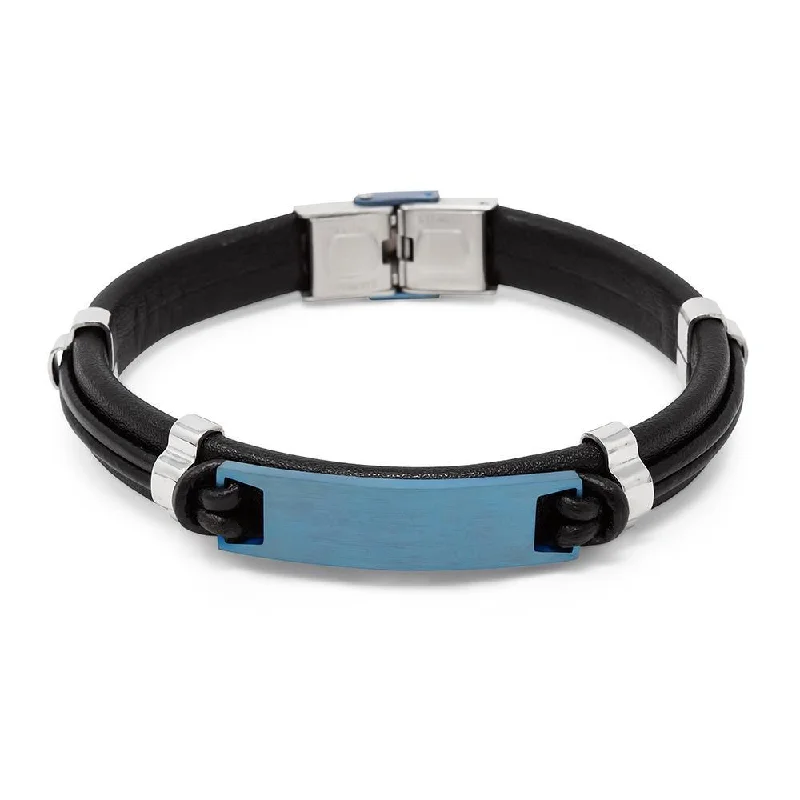 Women’s minimalist leather bracelets-Stainless Steel Black Brown Leather Bracelet ID Station Blue