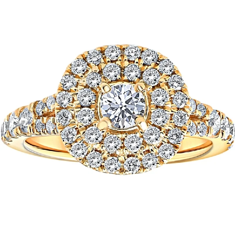 Women’s alternative engagement rings-1 Ct TW Diamond Cushion Halo Engagement Ring in Yellow Gold