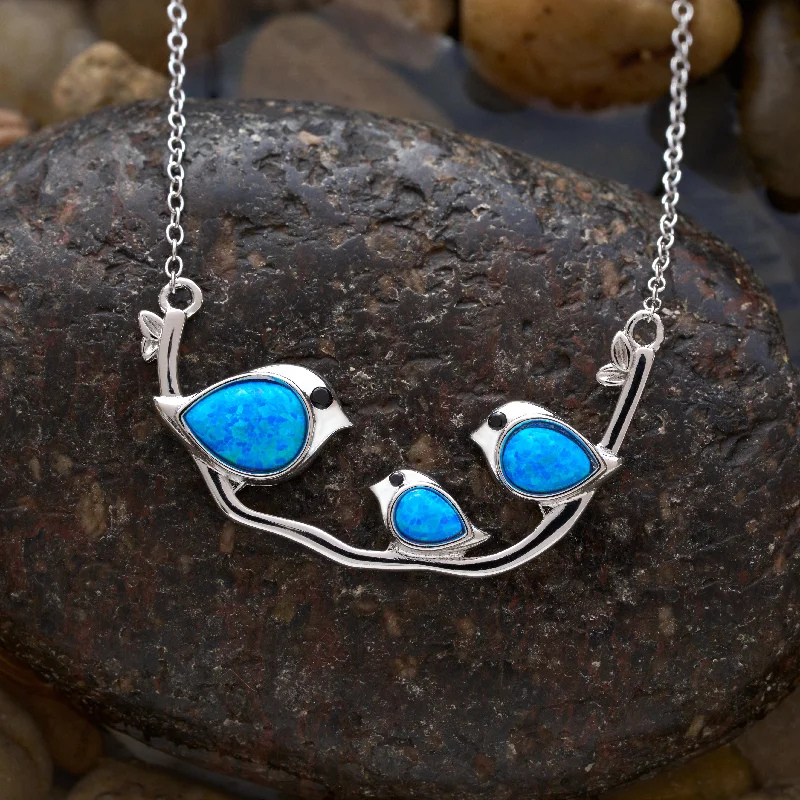 Women’s minimalist gold necklaces-Sterling Silver Triple Blue Opal Birdie Branch Necklace