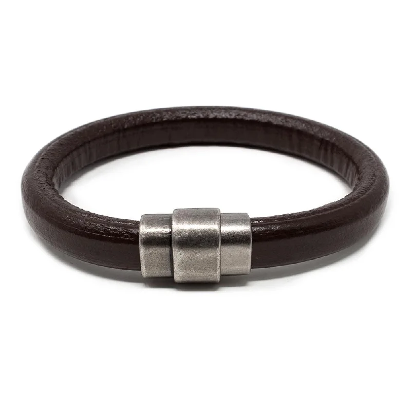 Women’s gold tennis bracelets-Plain Leather Bracelet with Antique Silver Clasp Brown Medium