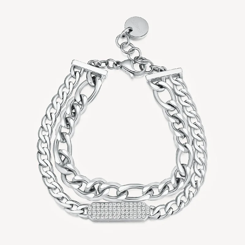 Women’s matching bracelets and rings-Double-Strand Link and Crystal Bar Bracelet in Stainless Steel