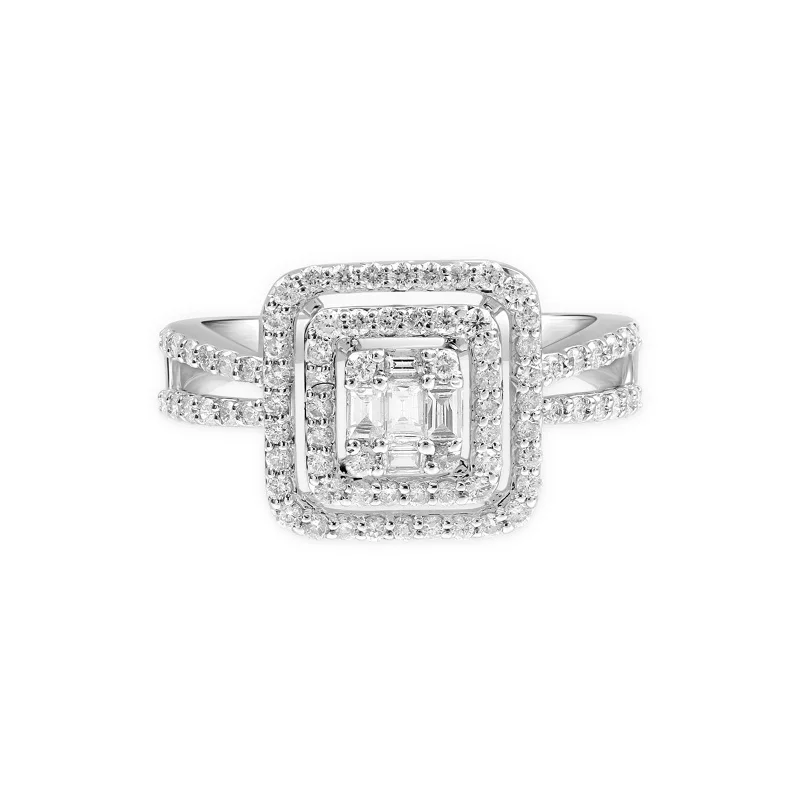 Women’s custom engagement rings-Cushion Cut Diamond Illusion Double Halo Double Band 18k