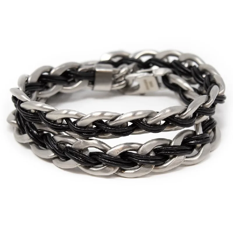 Women’s vintage bracelets-Men's Stainless Steel Anchor Chain with Leather Wrap Bracelet Black