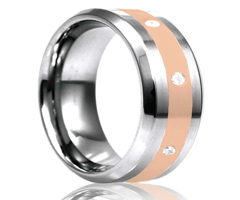 Women’s engagement rings with side stones-Men's Beveled Edge Tungsten Eternity Diamond Ring With Rose Gold Inlay