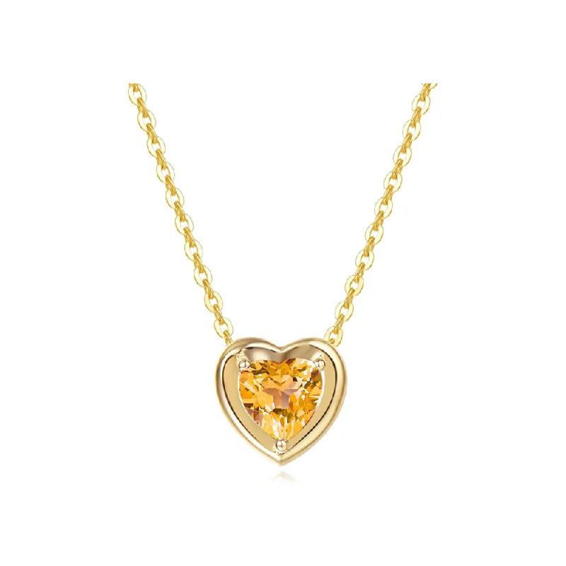 Women’s long necklaces-FANCIME Yellow Citrine Heart Birthstone 14k Yellow Gold Necklace