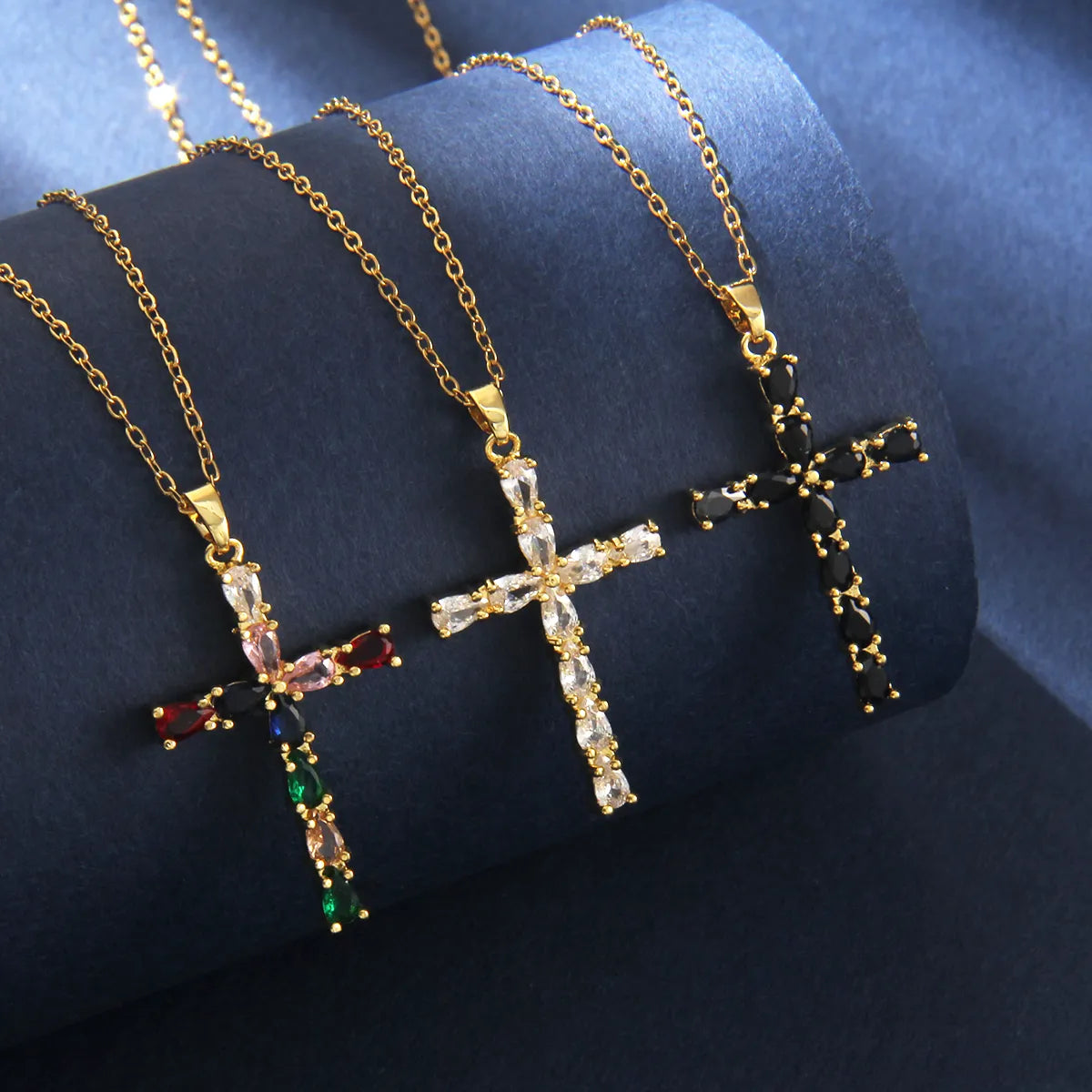 Women’s sapphire necklaces-201 Stainless Steel Copper Gold Plated Retro Luxurious Commute Inlay Cross Zircon Pendant Necklace