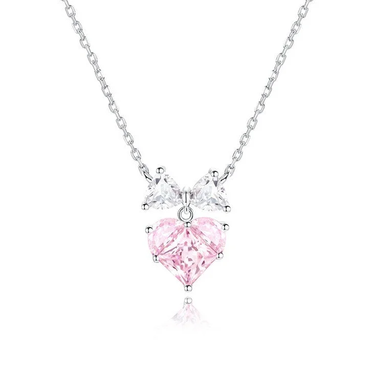 Women’s silver necklaces-FANCIME "Bow For Princess" Pink Heart Sterling Silver Necklace