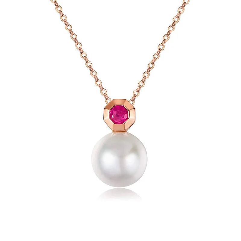 Women’s blue topaz necklaces-18K Rose Gold Pearl Necklace with Pink Tourmaline