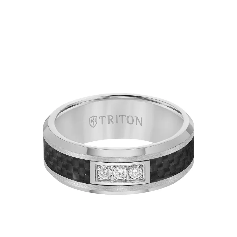 Women’s high-quality engagement rings-8MM 3 Stone Diamond Black Carbon Fiber Ring with Bevel Edge