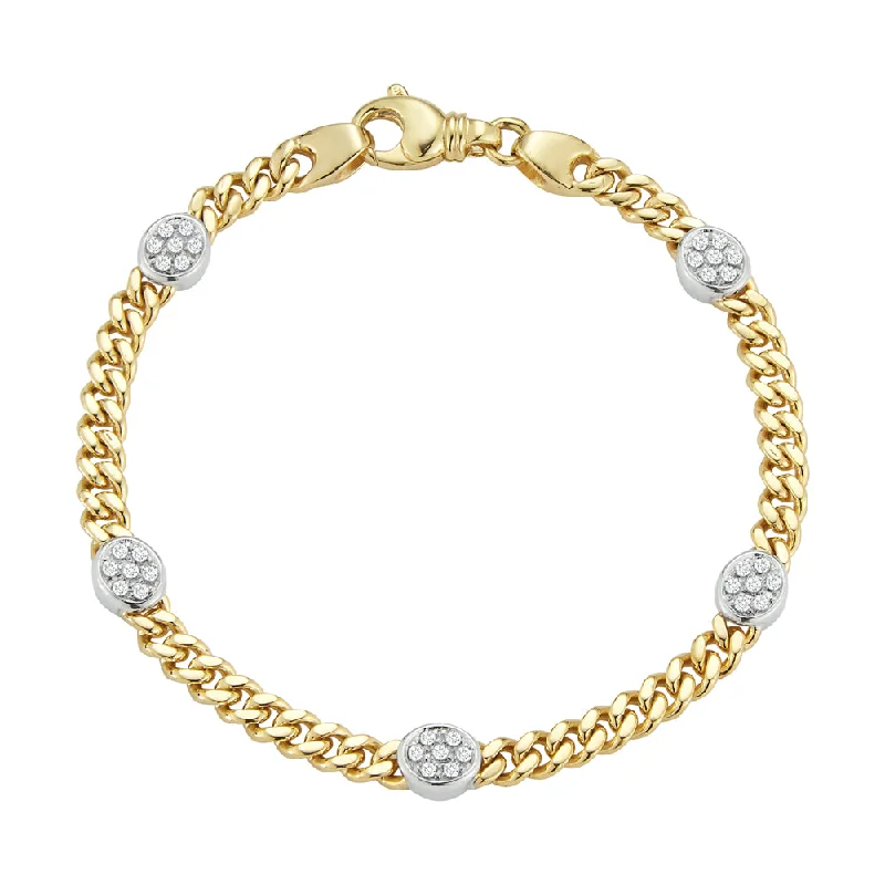 Women’s leather and metal bracelets-Diamond Pave Bezel Station Curb Bracelet in 14K Two Tone Gold