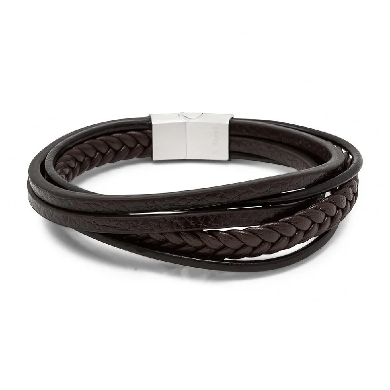 Women’s luxury stackable bracelets-Stainless Steel Multi String Leather Bracelet Brown