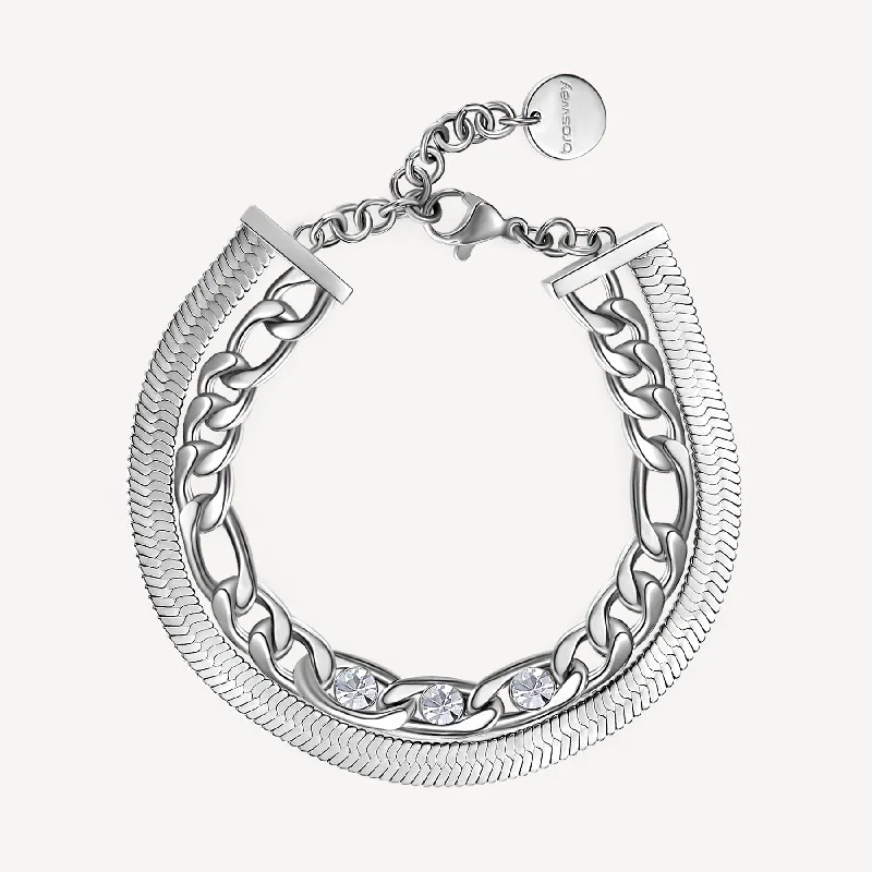 Women’s cuff bracelets with diamonds-Double-Strand Link Crystal Link and Herringbone Bracelet in Stainless Steel