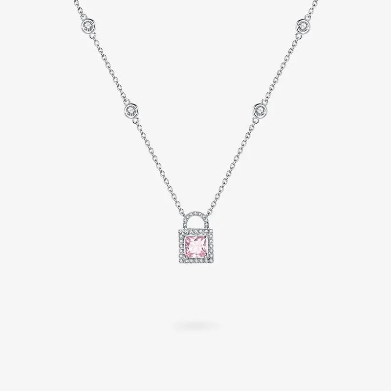 Women’s crystal necklaces-FANCIME "Pink Vow" Padlock Sterling Silver Necklace