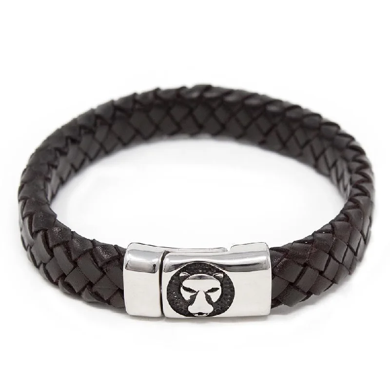 Women’s sterling silver bracelets-Braided Leather Bracelet with Lion Clasp Dark Brown Large