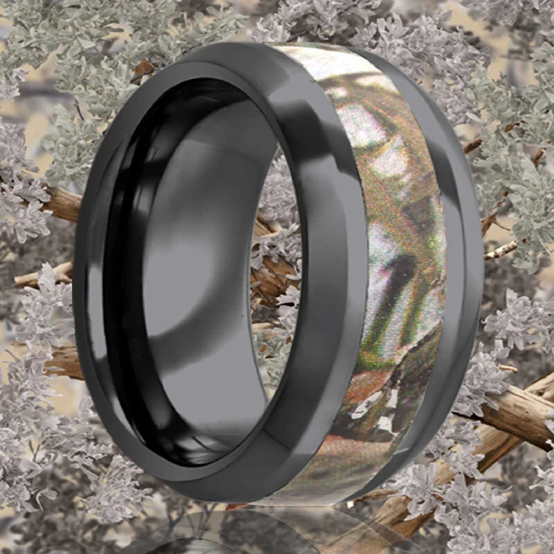 Women’s exclusive engagement rings-Black Diamond Ceramic Ring with Camouflage Inlay