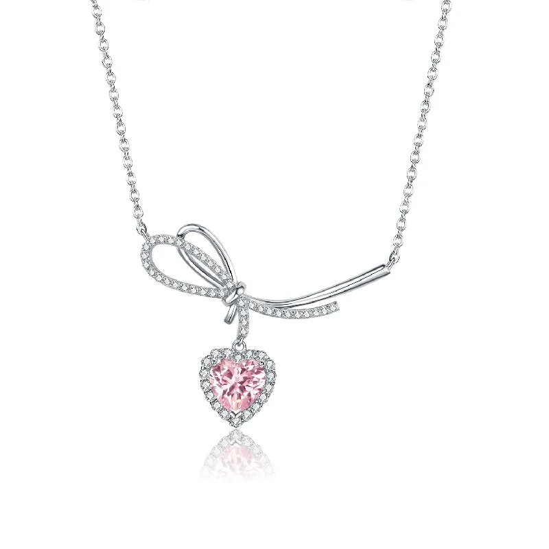 Women’s pendant necklaces with birthstones-FANCIME “It Is A Crush” Sweet Bow Pink Heart Sterling Silver Necklace