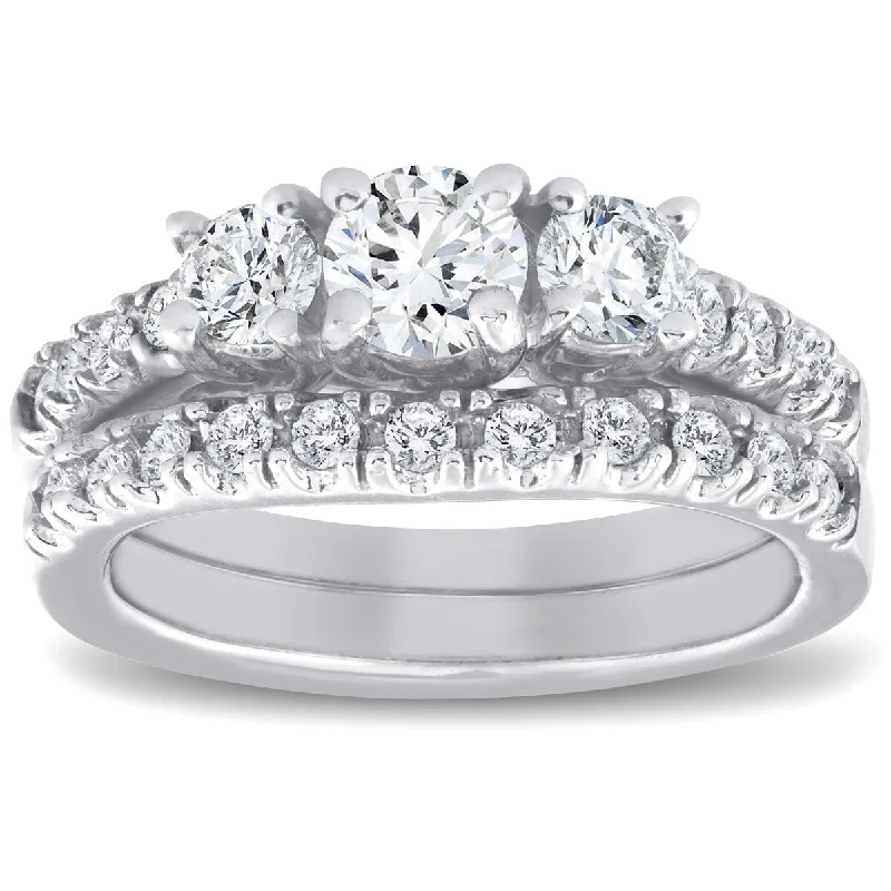 Women’s engagement rings with side stones-1 1/2 ct 3-Stone Diamond Engagement Ring Matching Wedding Band Set White Gold