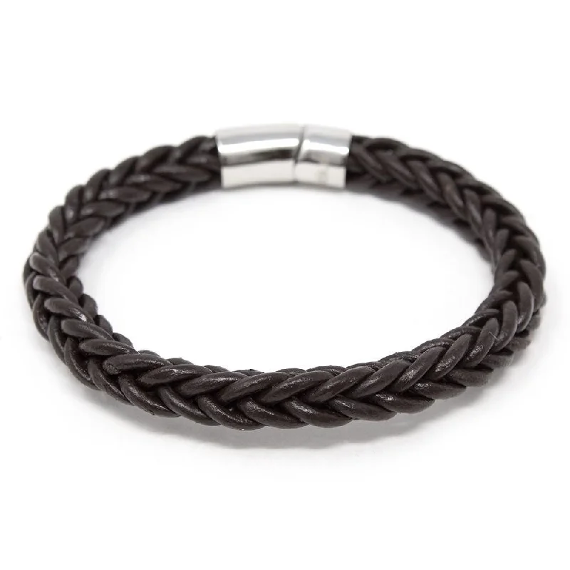 Women’s boho bracelets-Stainless Steel and Dark Brown Braided Leather Bracelet