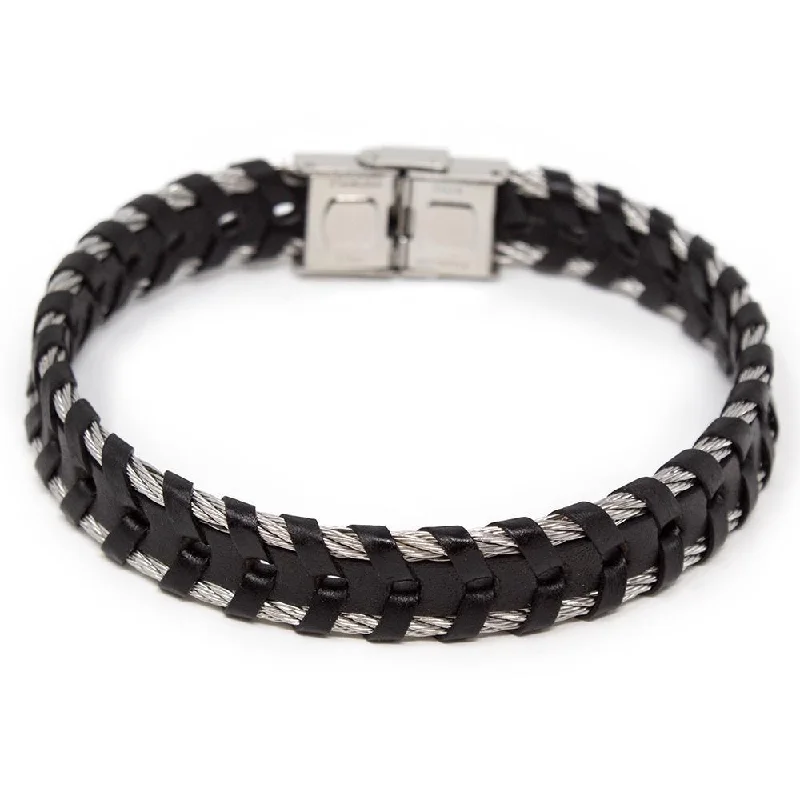 Women’s sapphire bracelets-Men's Stainless Steel Braided Leather in Cable Bracelet Black