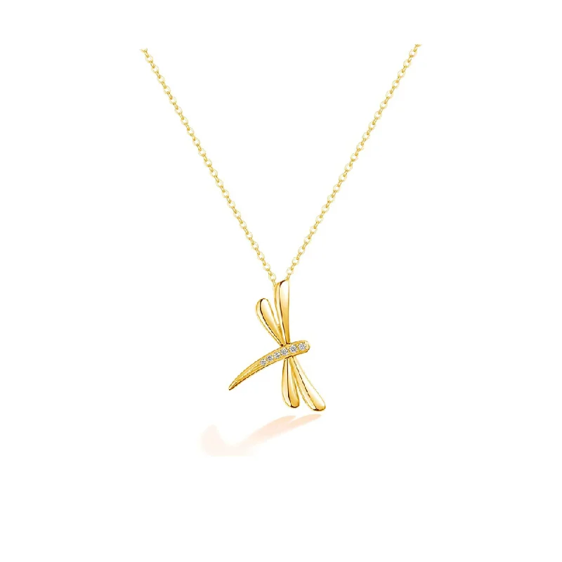 Women’s unique necklaces-FANCIME Dragonfly 14K Real Solid Yellow Gold Necklace