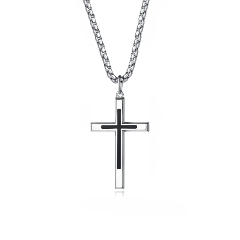 Women’s vintage-inspired necklaces-FANCIME Mens Black Highlight Cross 925 Silver Necklace