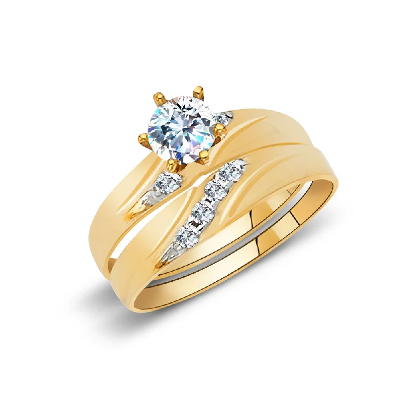 Women’s classic engagement rings-14K Solid Gold Two Tone CZ Wedding Engagement Ring 2 Piece Bridal Set