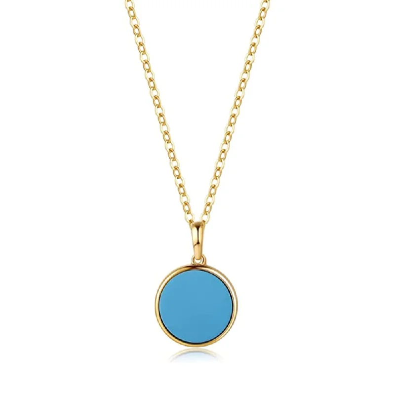 Women’s minimalist necklaces-FANCIME Created Blue Turquoise Round 14K Real Yellow Gold Necklace