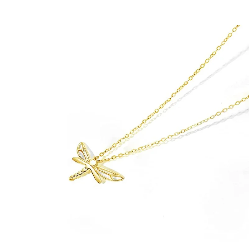 Women’s emerald pendant necklaces-FANCIME CZ Dragonfly 14k Solid Yellow Gold Necklace