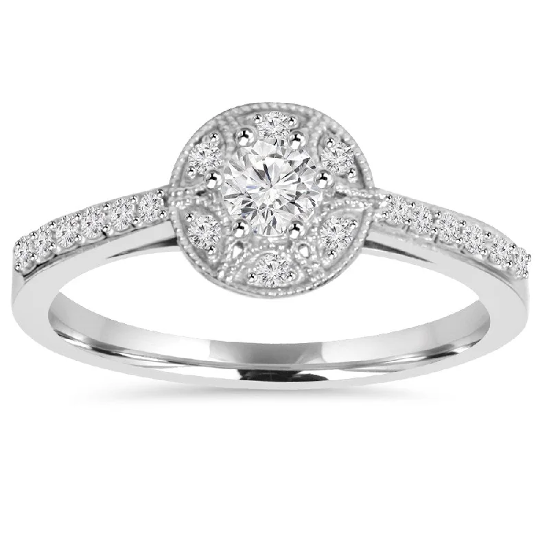 Women’s twisted band engagement rings-10k White Gold 1/2ct TDW Vintae Diamond Halo Engagement Ring