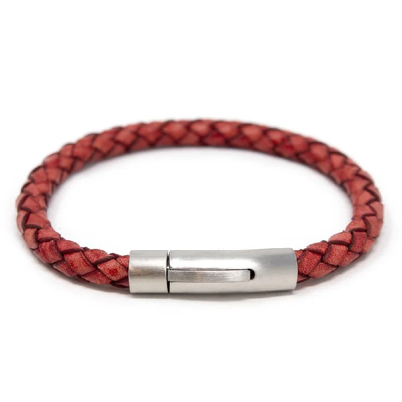 Women’s engraved bracelets-Stainless Steel Braided Leather Bracelet Red