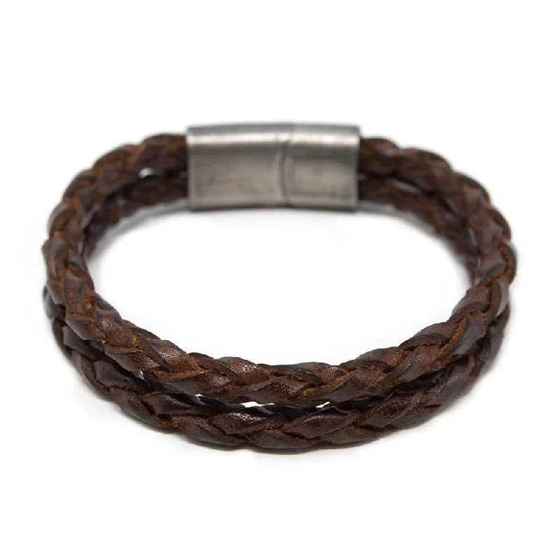 Women’s gold and silver bracelets-Two Row Braided Leather Bracelet W Puzzle Clasp Brown