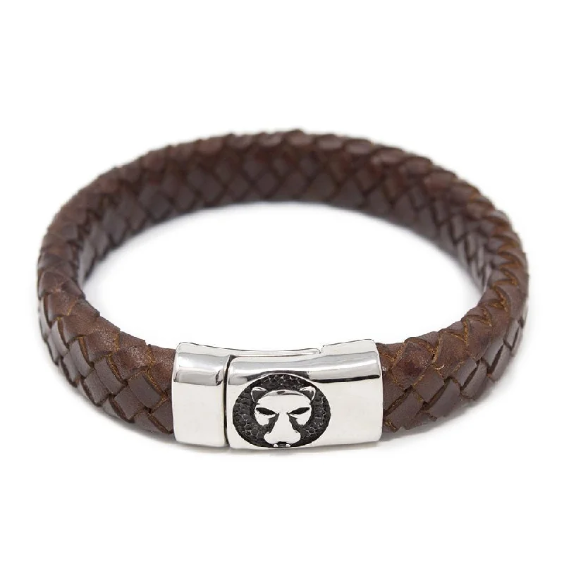 Women’s luxurious bangles-Braided Leather Bracelet with Lion Clasp Brown Large