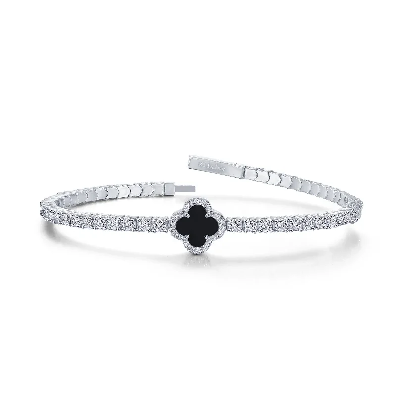 Women’s vintage tennis bracelets-Flexible Black Onyx Clover Bracelet in Sterling Silver