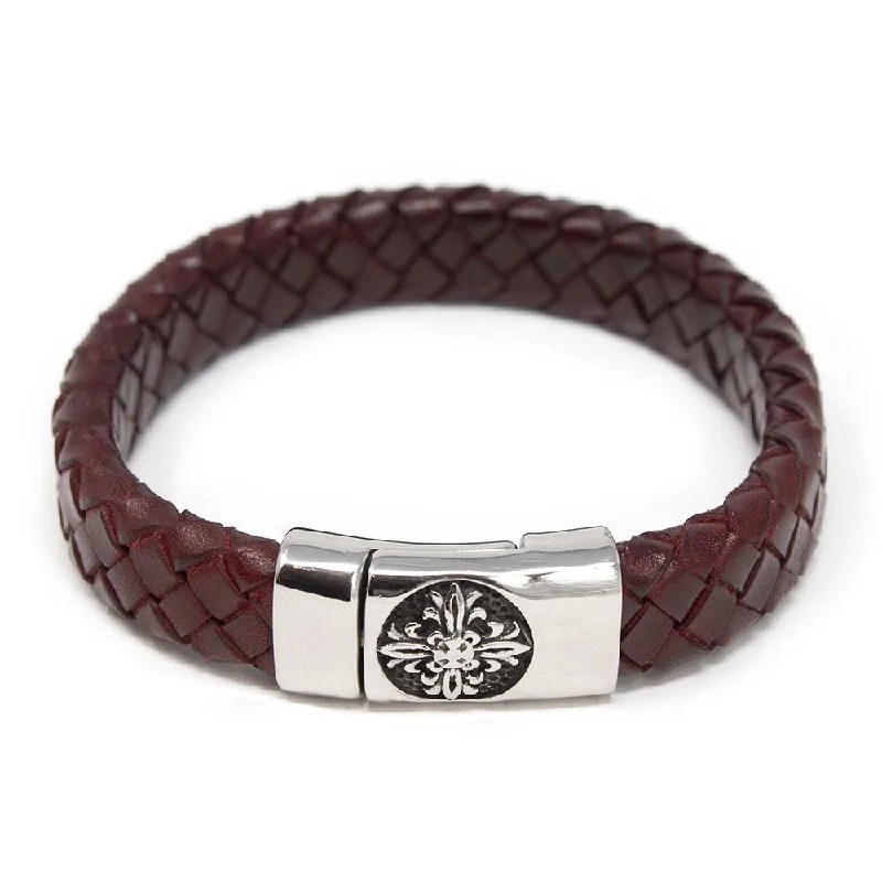 Women’s bangle bracelets-Braided Leather Bracelet with Flower Clasp Burgundy Medium