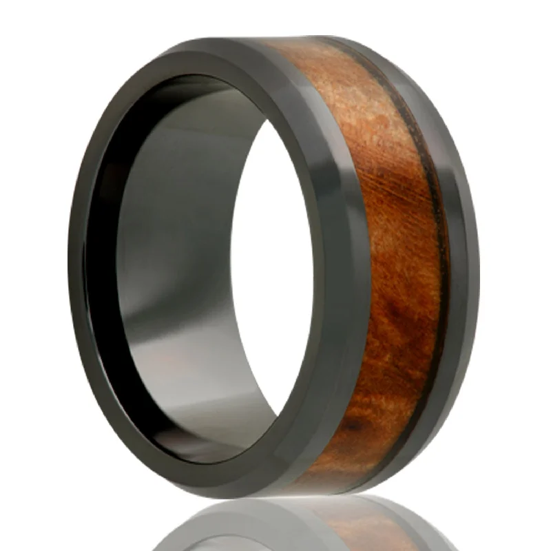 Women’s diamond engagement rings-Black Diamond Ceramic Ring with Burl Wood Inlay