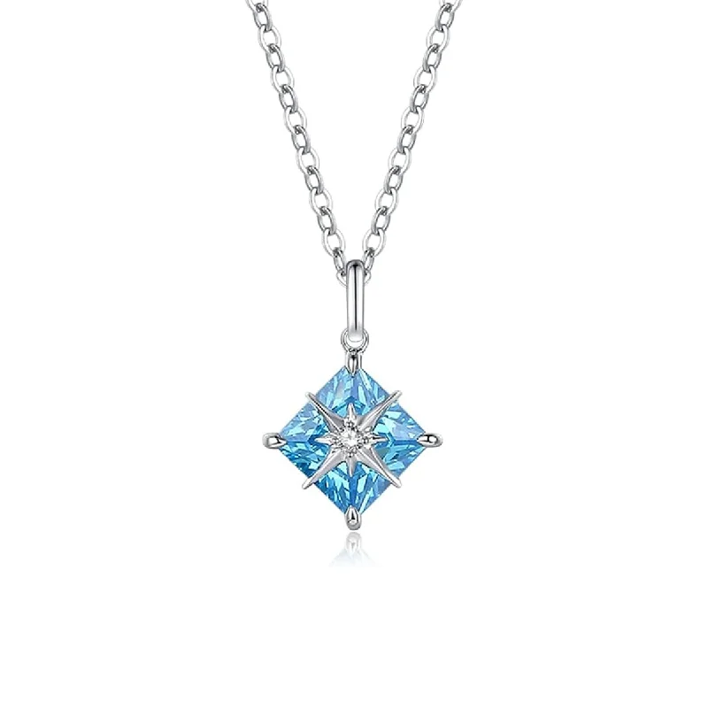 Women’s rose gold chain necklaces-FANCIME "Princess Dream" Aquamarine March Square Gemstone Sterling Silver Necklace