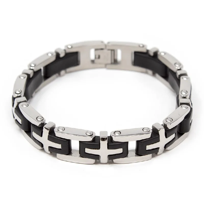 Women’s statement bracelets-Stainless Steel Bracelet with Cross Links and Rubber Inlaid