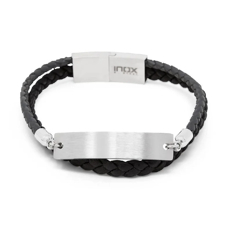 Women’s bohemian bangles-Stainless Steel Black Leather Braided ID Bracelet