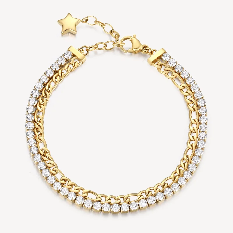 Women’s diamond bracelets for weddings-Double-Strand Link Crystal and Figaro Bracelet in Gold Plated Stainless Steel