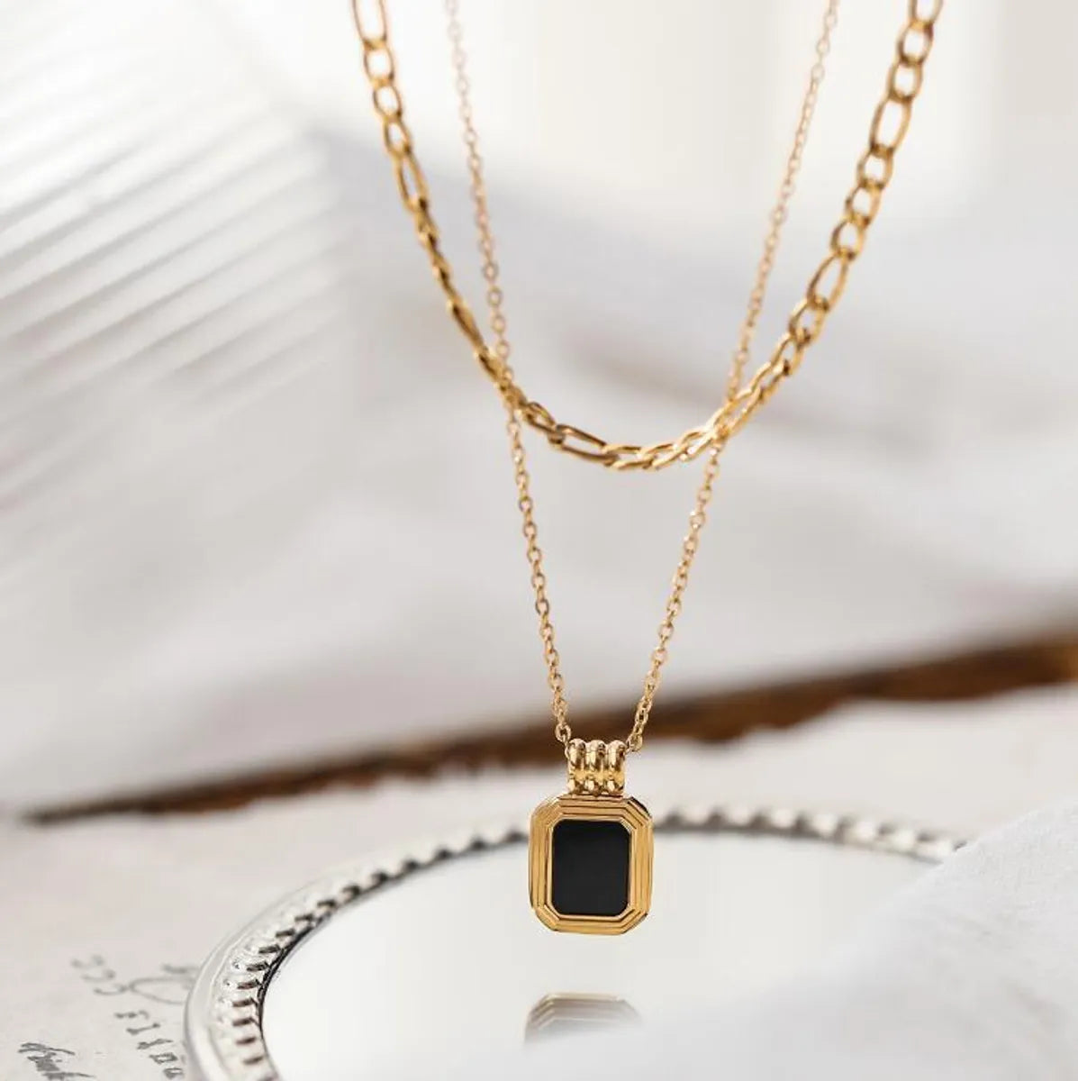 Women’s birthstone necklaces-Fashion Black Square Double Layered Titanium Steel Necklace Wholesale