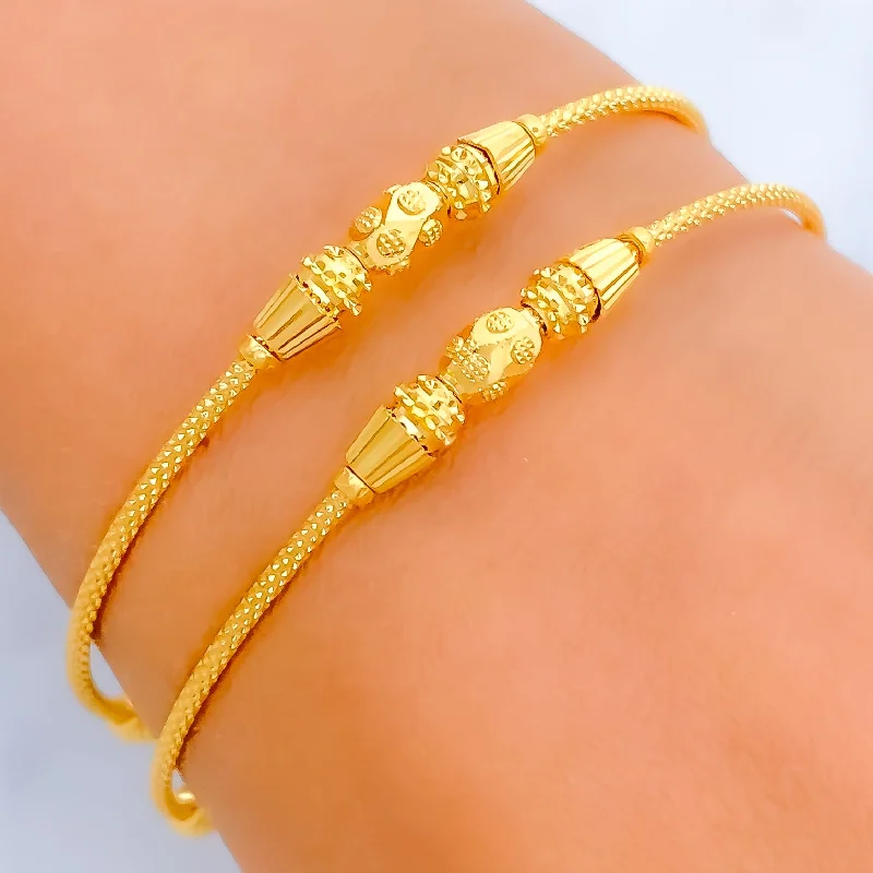 Women’s infinity bracelets-Dainty Oval Bead 22k Gold Bangle Bracelet Pair