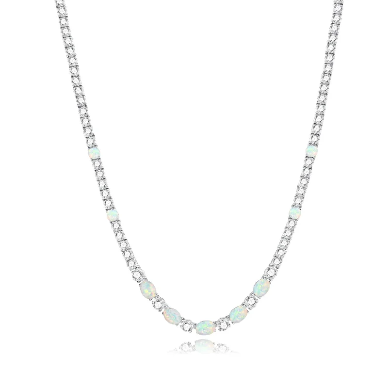 Women’s statement chain necklaces-"Glamour Radiance" October Birthstone Fancy Cut White Opal Sterling Silver Tennis Necklace