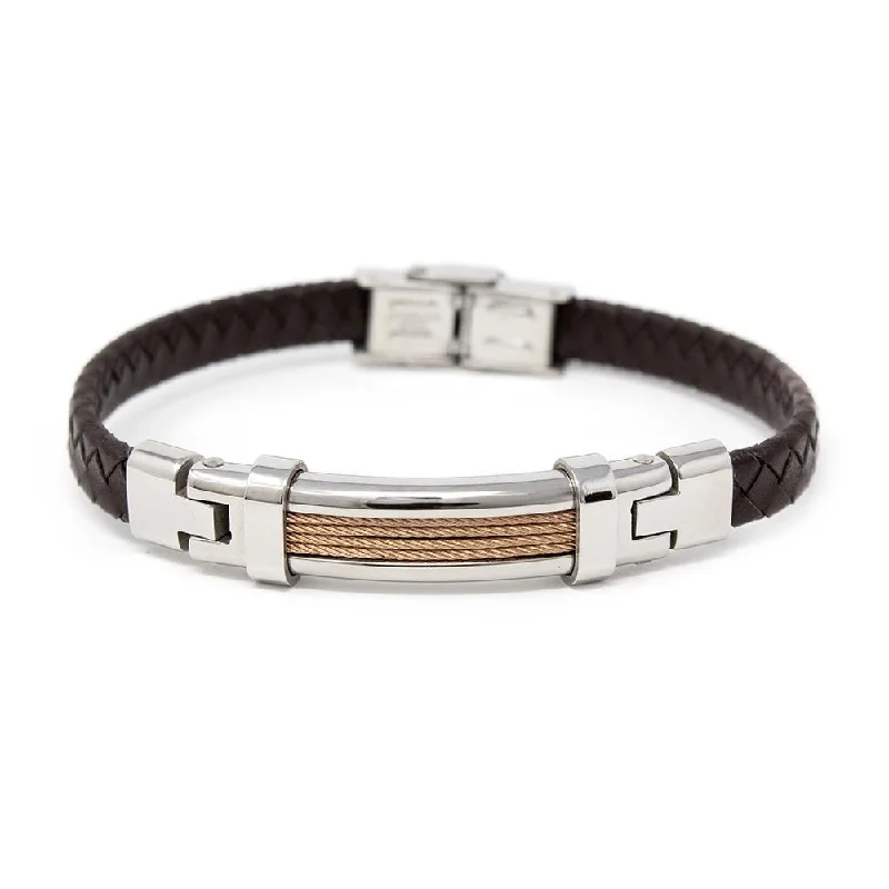 Women’s luxury gold bracelets-Brown Leather Rose Gold Stainless Steel Cable Station Bracelet