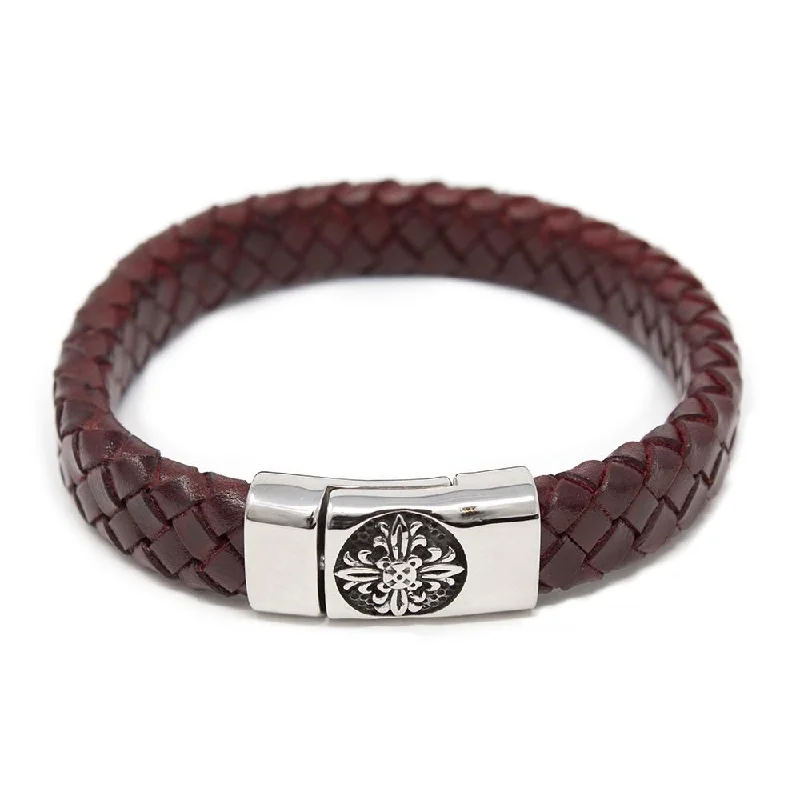 Women’s modern leather bracelets-Braided Leather Bracelet with Flower Clasp Burgundy Large