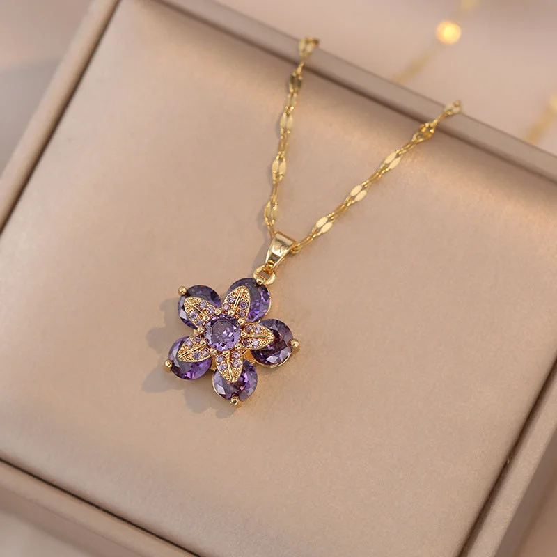 X1590 Purple Flower Rotating 22 Necklace {Pendant Together}