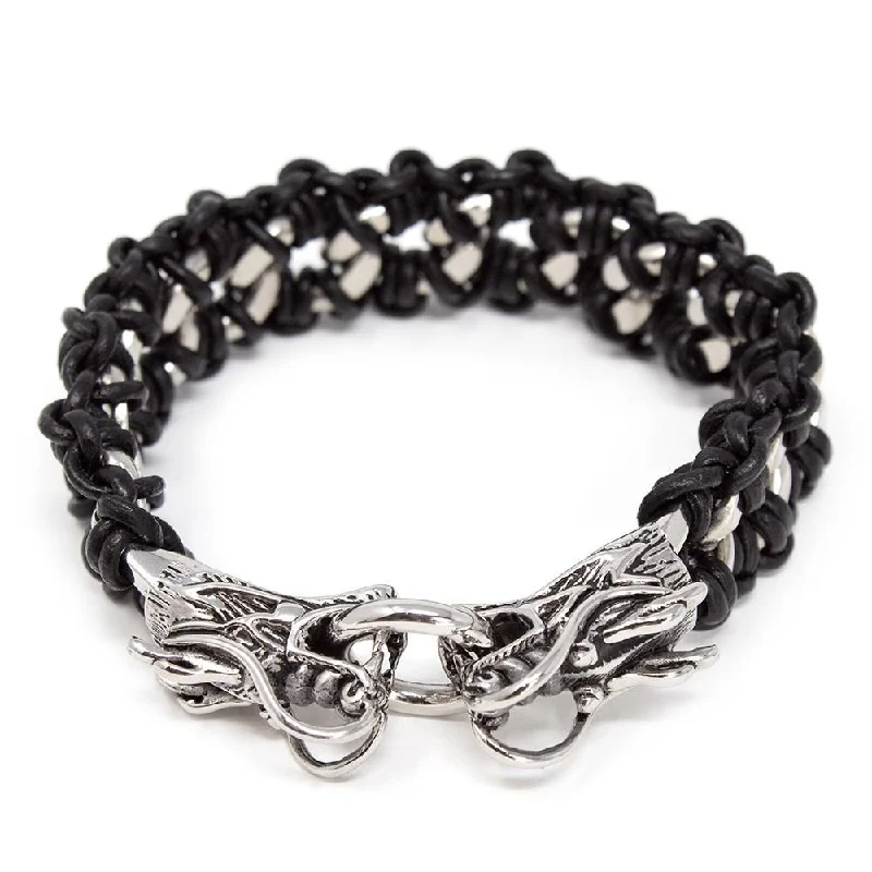 Women’s wrap bracelets-Stainless Steel Leather Dragon Head Bracelet